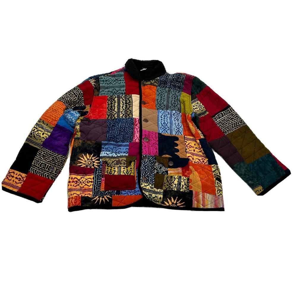 Lost City Art Womens XL Boho Hippie Patchwork Quilt Lagenlook Button Coat Jacket